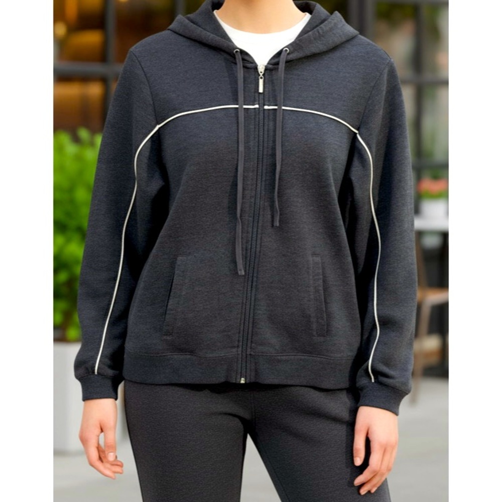 New York Laundry Large Dark Charcoal Gray & White Piping Hooded Zip Up Jacket